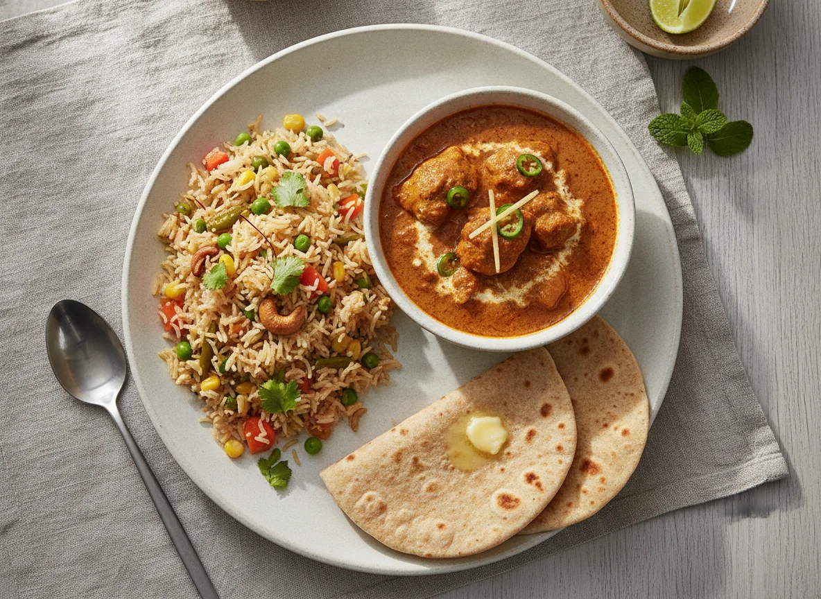 Indian meal with Pulao, Chicken Curry, and Roti photo