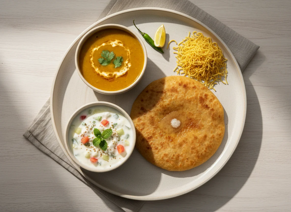 Indian Meal with Puran Poli, Dal, Sev, and Raita photo
