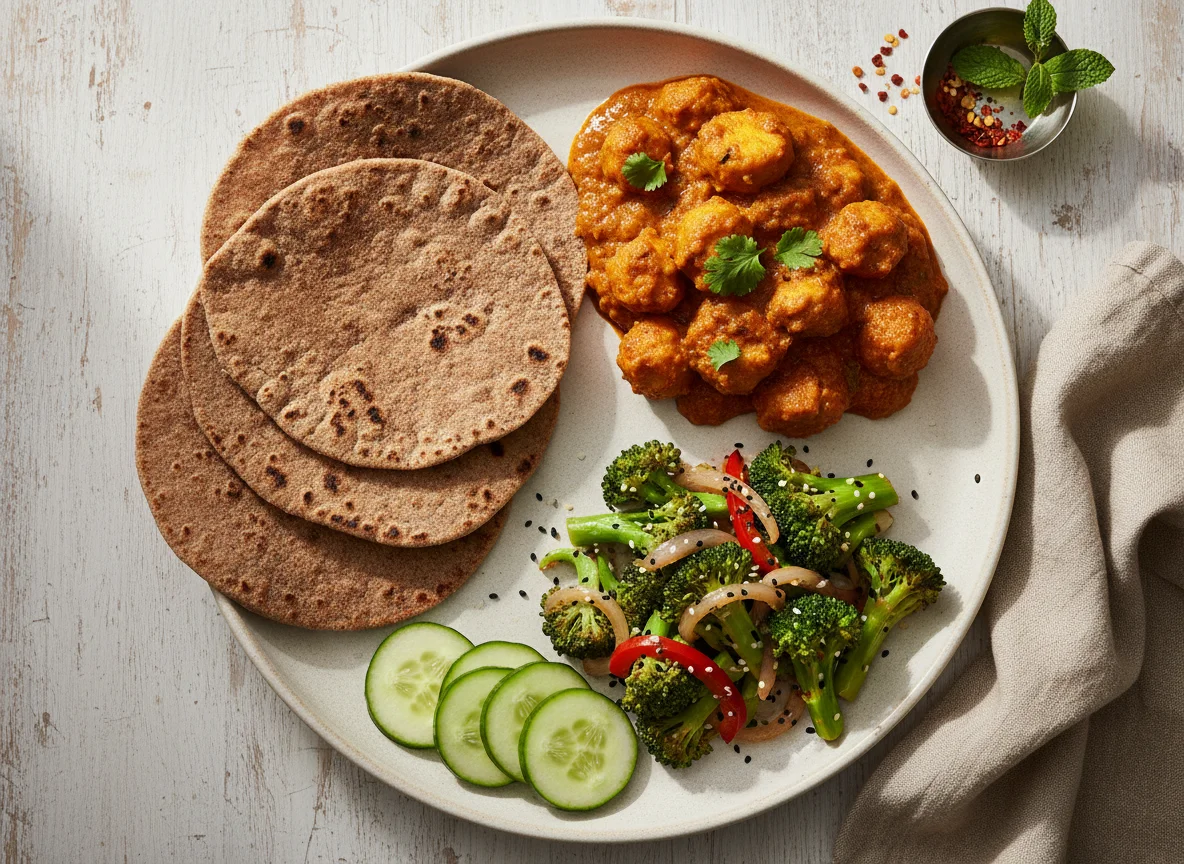 Indian Meal with Ragi Roti, Soya Curry, Broccoli Stir-fry, and Cucumber photo