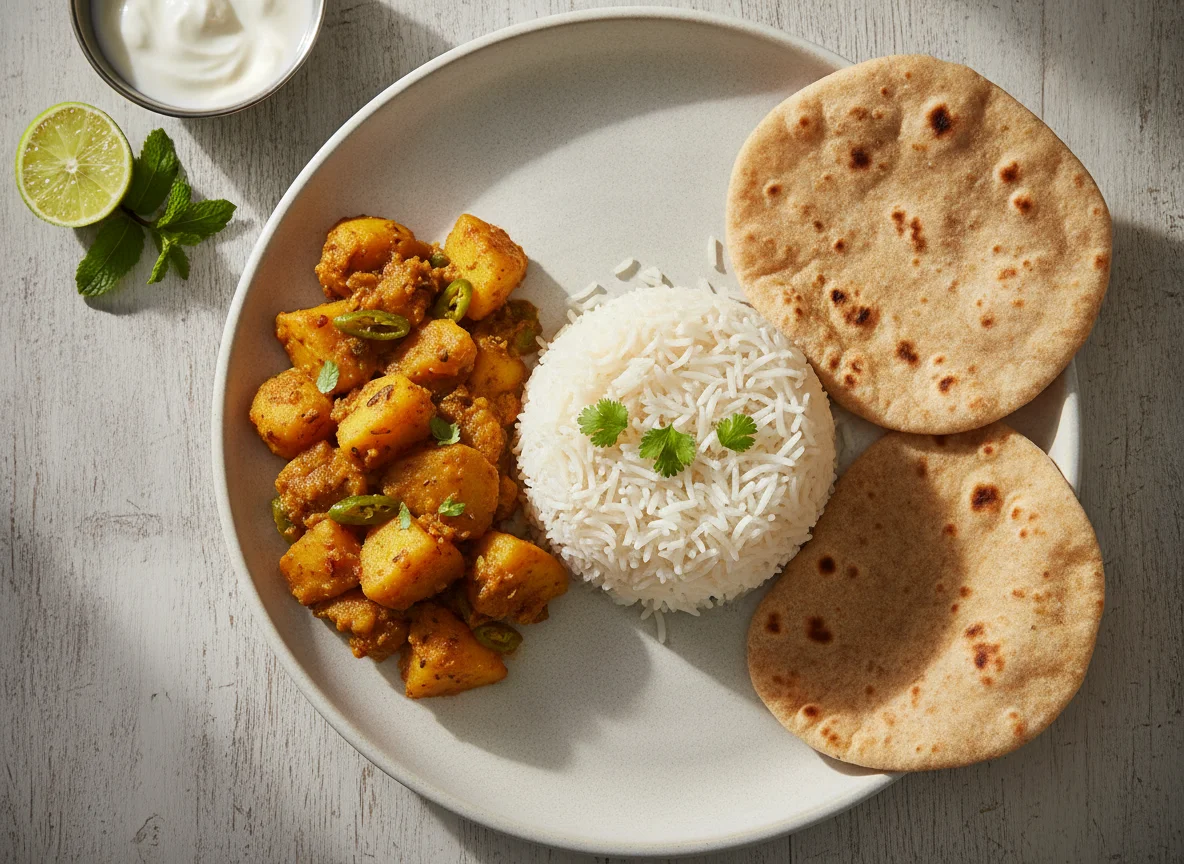 Indian Meal with Rice, Aloo Sabzi, and Roti photo