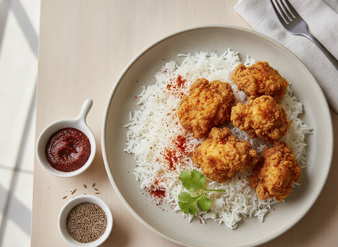 Indian Meal with Rice and Fried Chicken photo