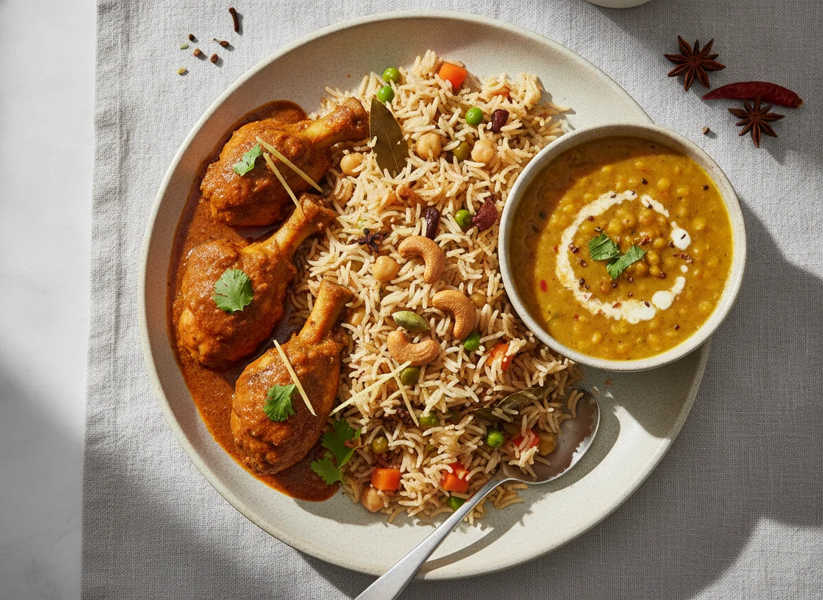 Indian Meal with Rice, Chicken, and Dal photo