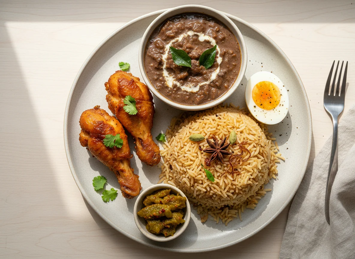 Indian meal with rice, chicken, eggs, and brinjal gravy photo