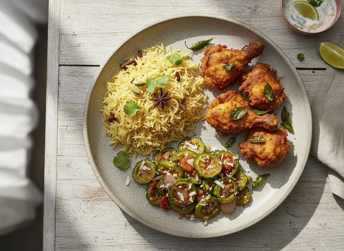 Indian Meal with Rice, Chicken Fry, and Ivy Gourd Stir-fry photo