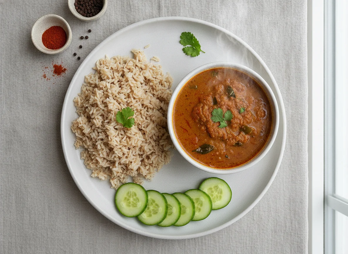 Indian Meal with Rice, Cucumber, and Curry photo
