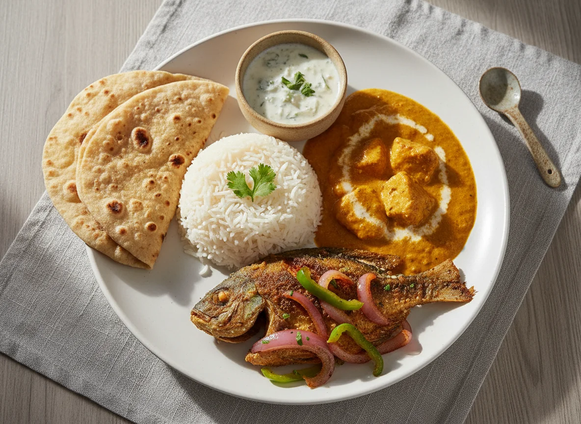 Indian Meal with Rice, Curry, Fish, and Bread photo