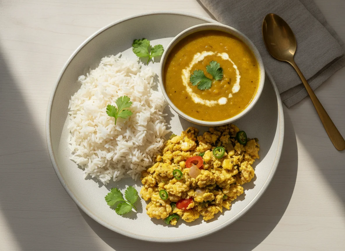 Indian Meal with Rice, Dal, and Egg Bhurji photo