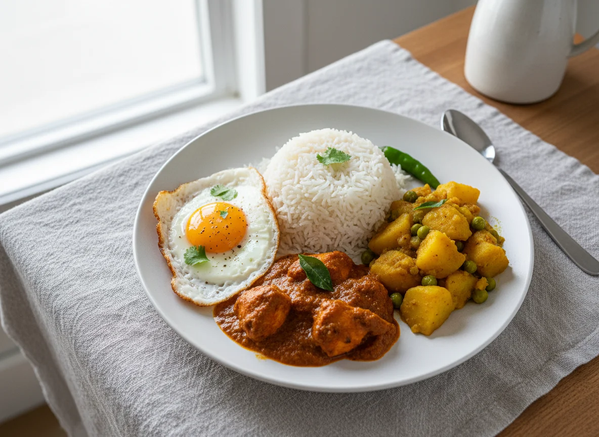 Indian meal with rice, egg, and curry photo
