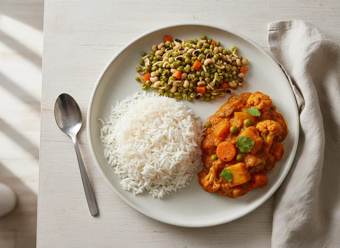 Indian Meal with Rice, Mixed Sprouts, and Vegetable Curry photo