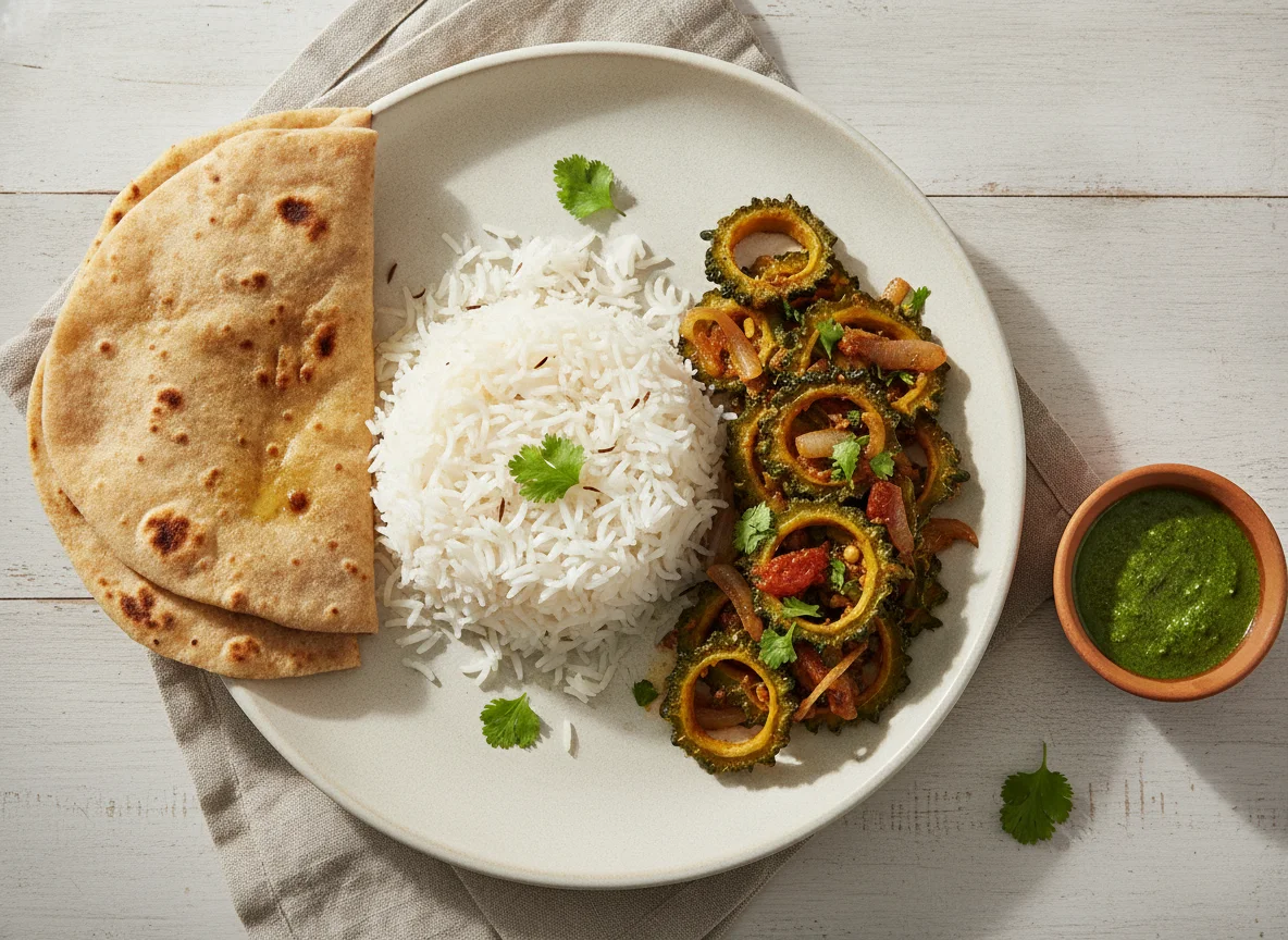 Indian Meal with Rice, Roti, and Bitter Gourd Sabzi photo