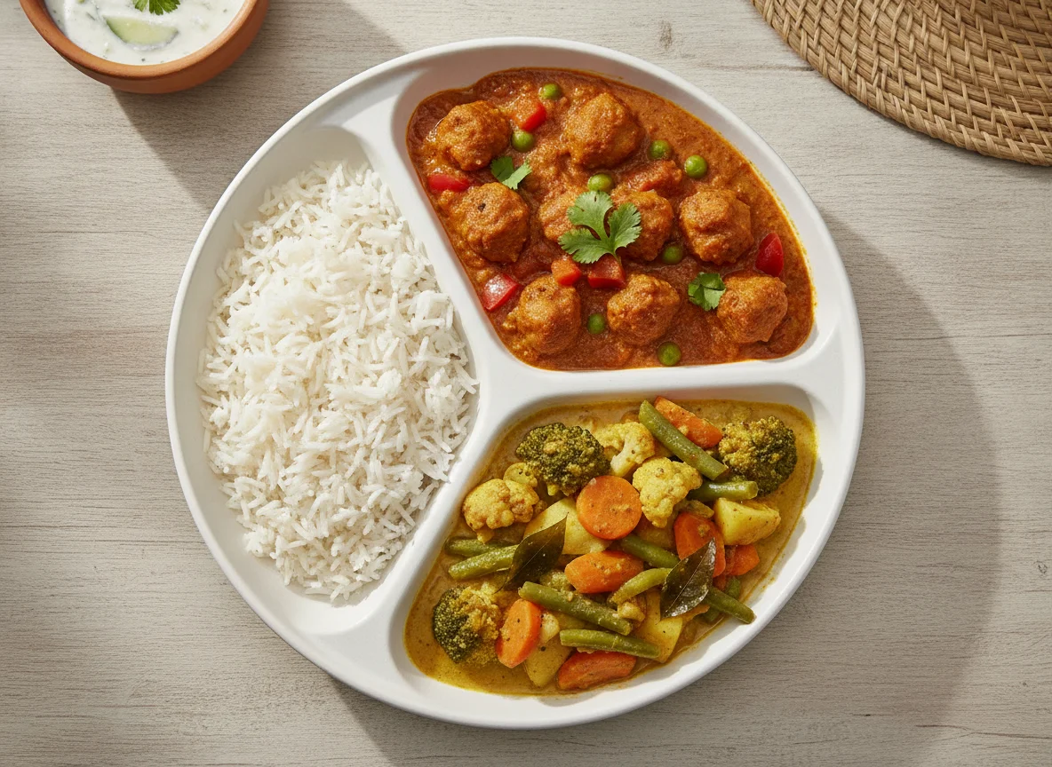 Indian Meal with Rice, Soy Chunks Curry, and Vegetable Curry photo