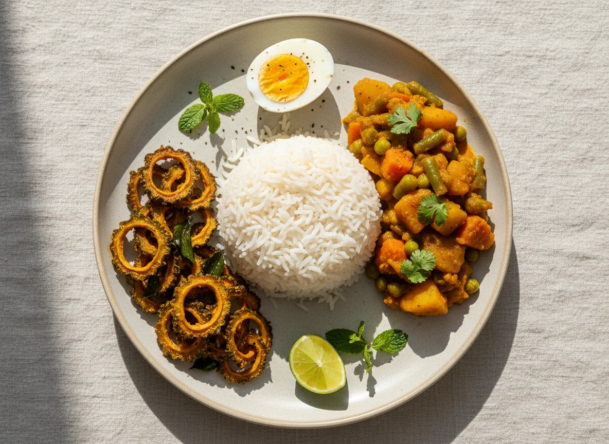 Indian Meal with Rice, Vegetable Curry, Bitter Gourd Fry, and Boiled Egg photo