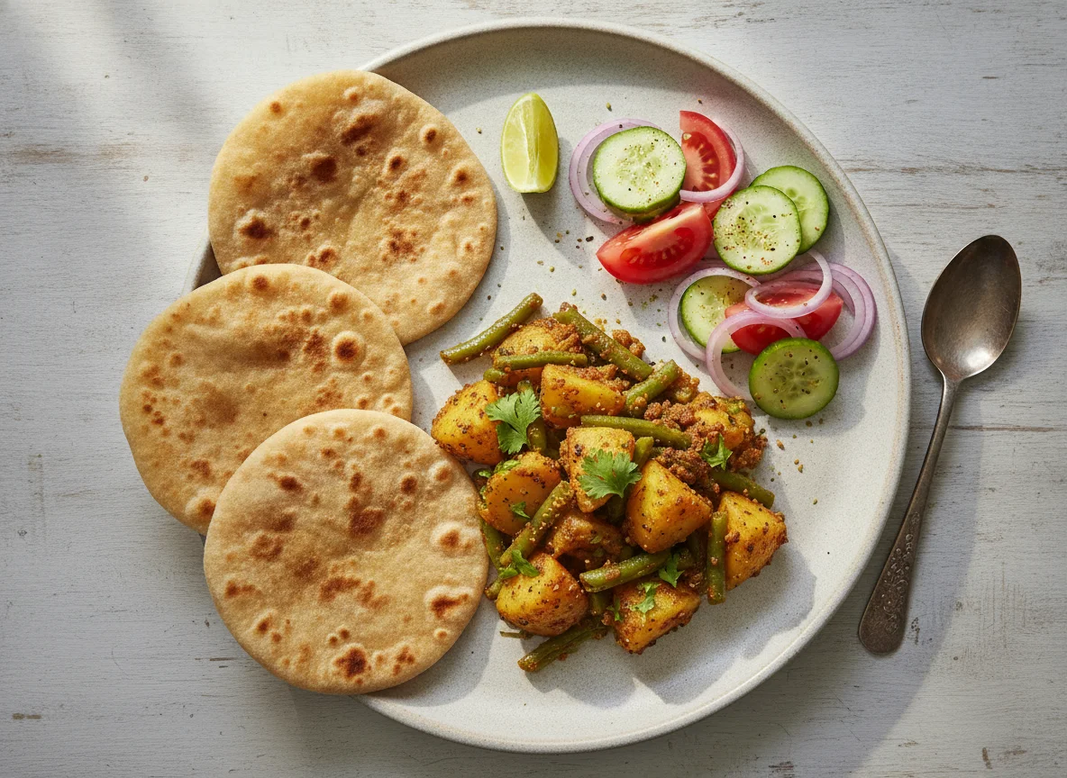 Indian Meal with Roti, Aloo Beans Sabzi, and Salad photo