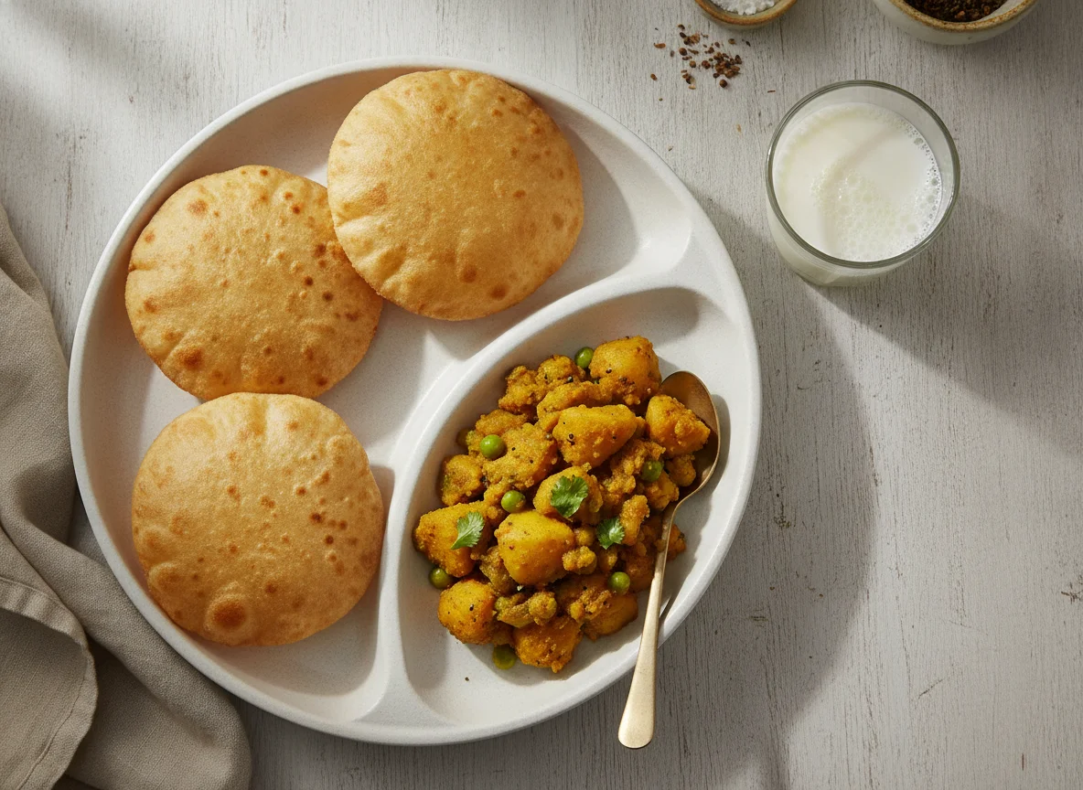 Indian Meal with Roti, Aloo Sabzi, and Milk photo
