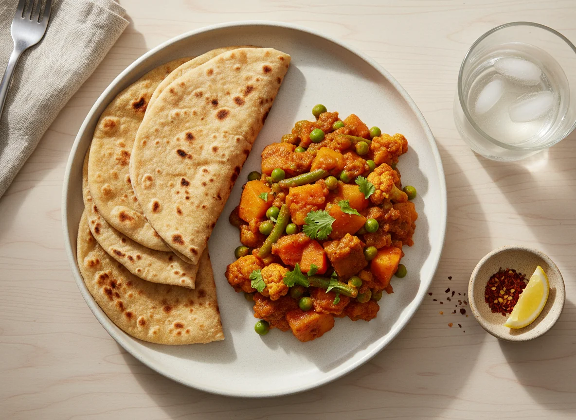 Indian Meal with Roti and Vegetable Curry photo