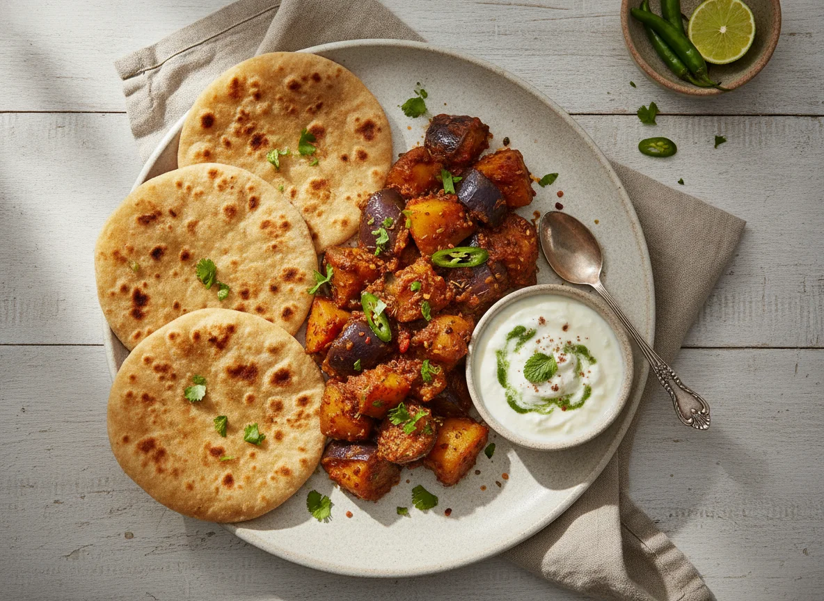 Indian Meal with Roti, Baingan Aloo Sabzi, and Curd photo
