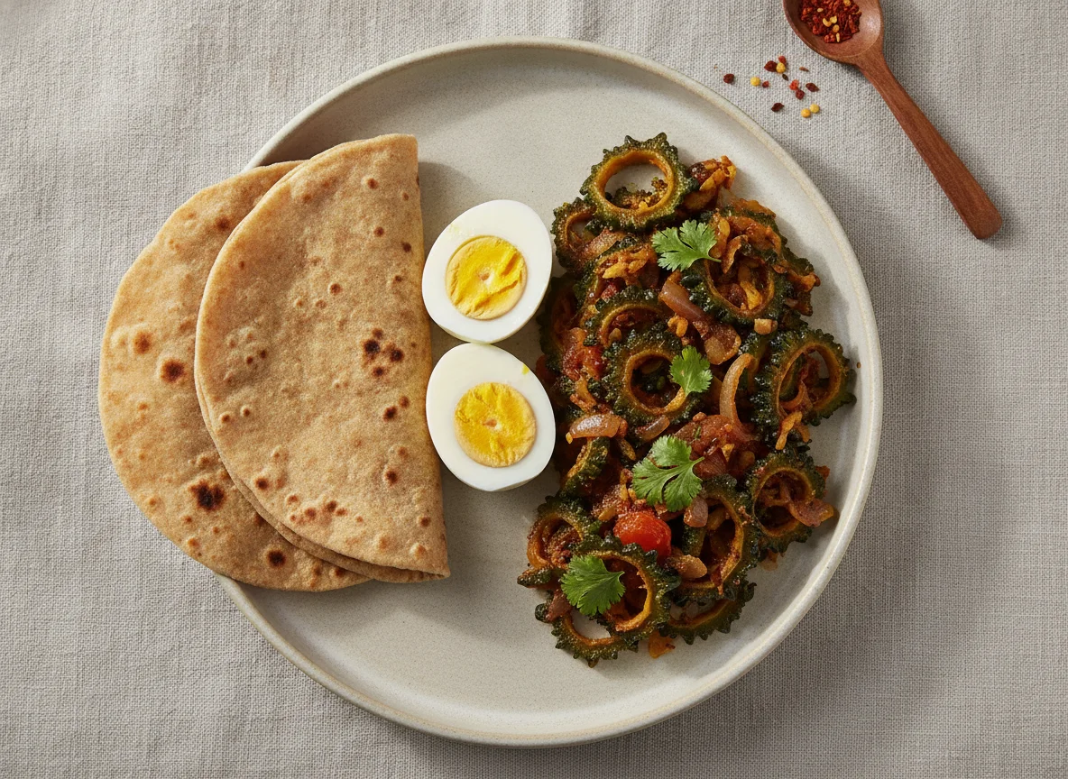 Indian Meal with Roti, Boiled Eggs, and Bitter Gourd Sabzi photo