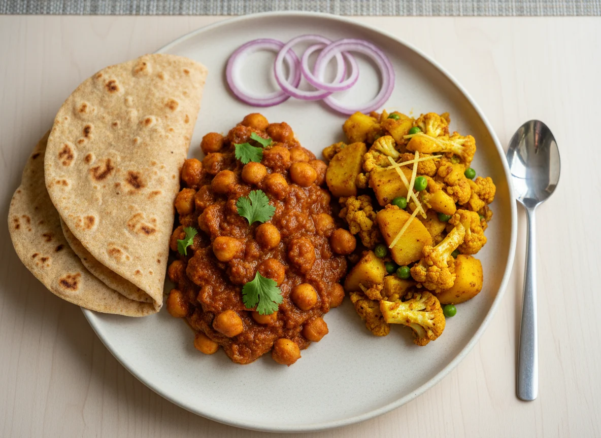 Indian Meal with Roti, Chana Masala, Aloo Gobi, and Onion photo