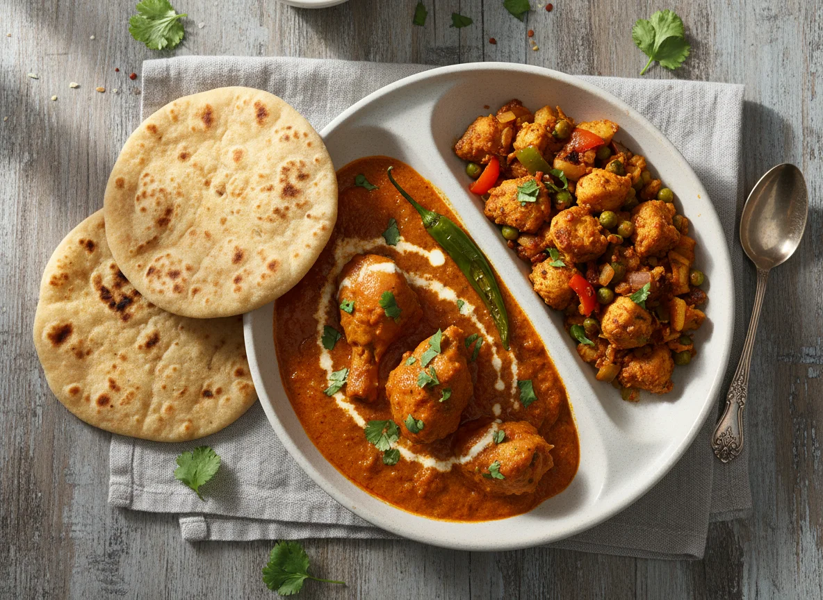 Indian Meal with Roti, Chicken Curry, and Sabzi photo