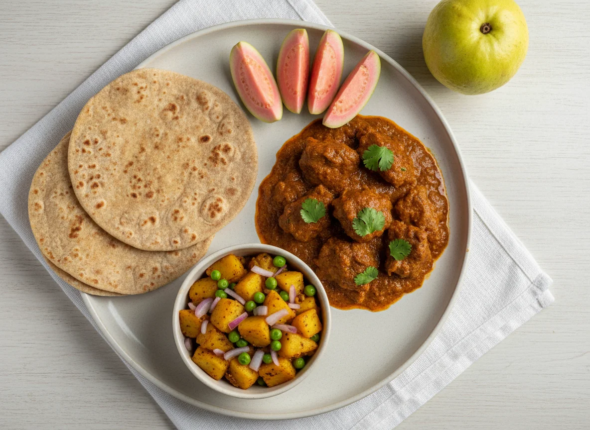 Indian Meal with Roti, Curry, and Guava photo