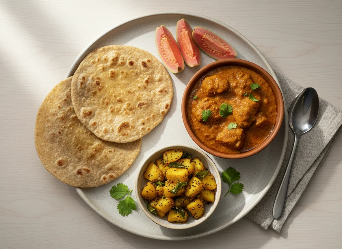 Indian Meal with Roti, Curry, Potato Sabzi and Guava photo