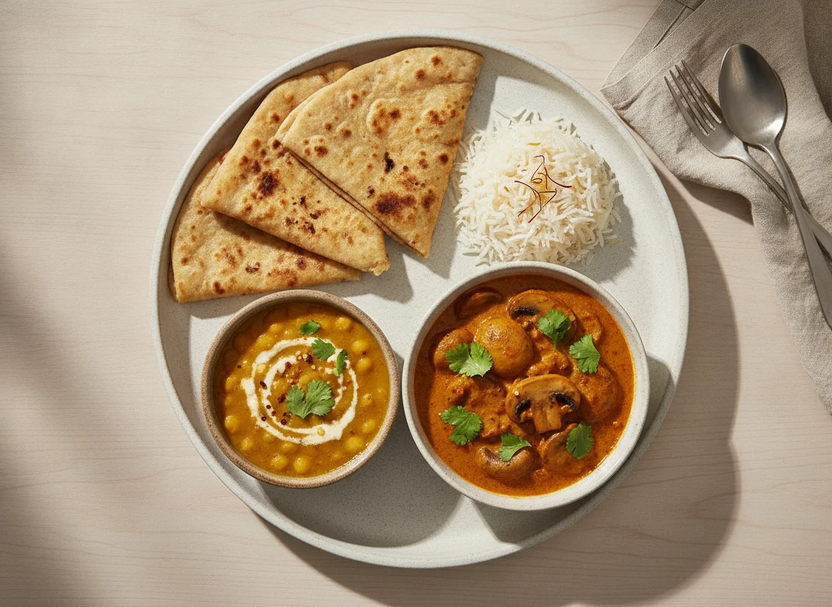 Indian Meal with Roti, Dal, and Mushroom Curry photo