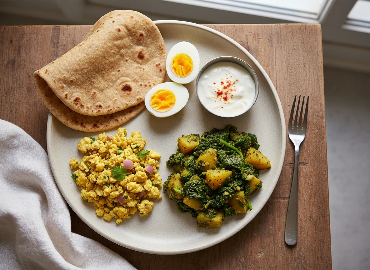 Indian Meal with Roti, Eggs, and Vegetable Stir-fry photo