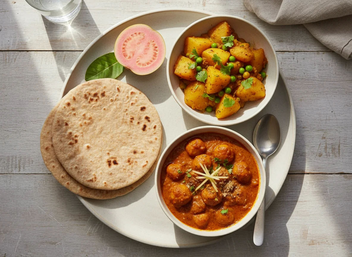 Indian Meal with Roti, Guava, Potato Sabzi, and Soya Chunks Curry photo