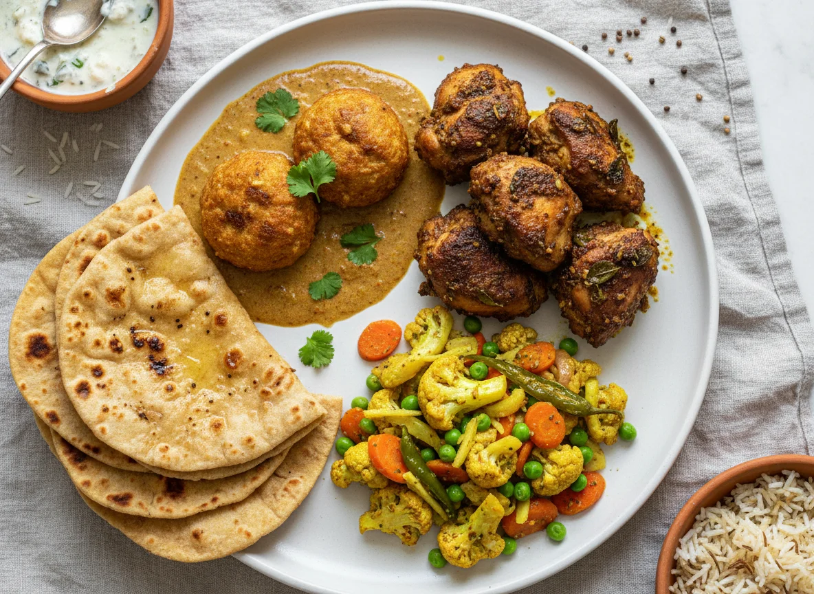 Indian Meal with Roti, Kofta, Chicken, and Vegetable Stir-fry photo