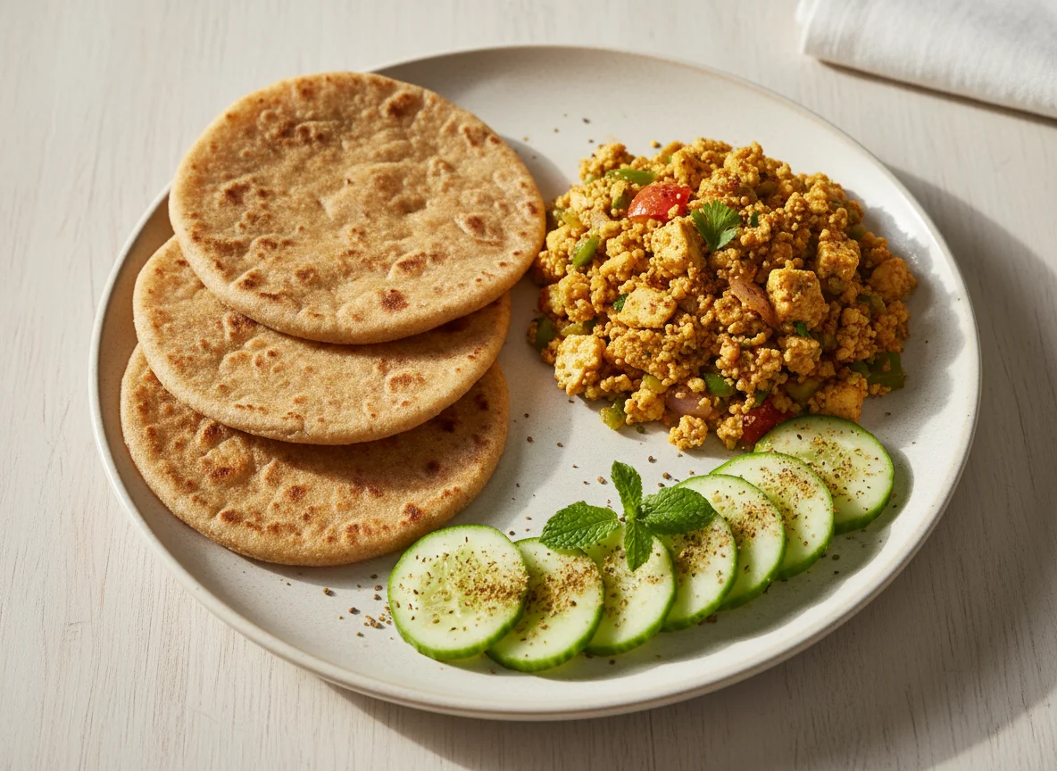 Indian Meal with Roti, Paneer Bhurji, and Cucumber Salad photo