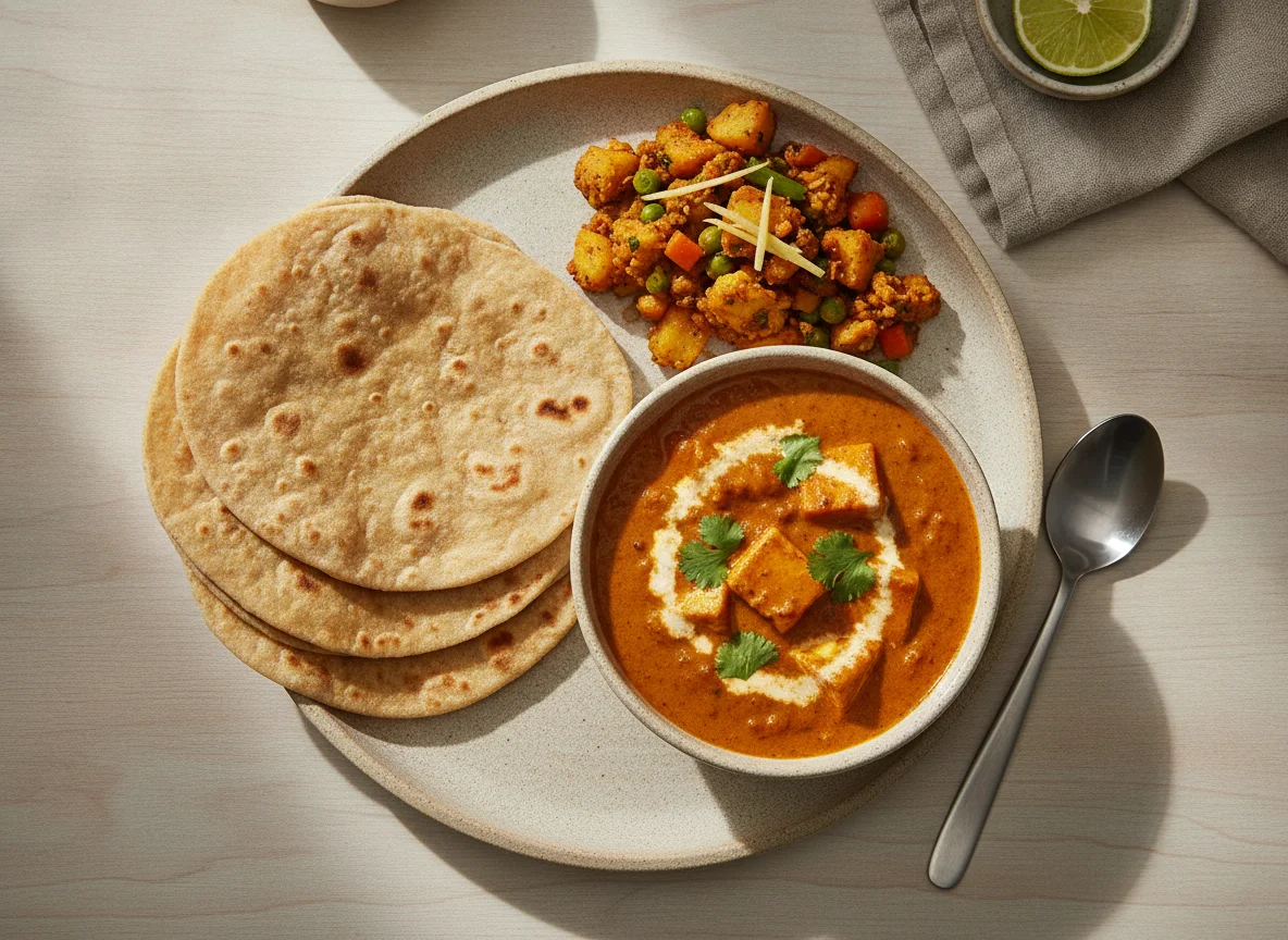 Indian Meal with Roti, Paneer Curry, and Vegetable Stir-fry photo