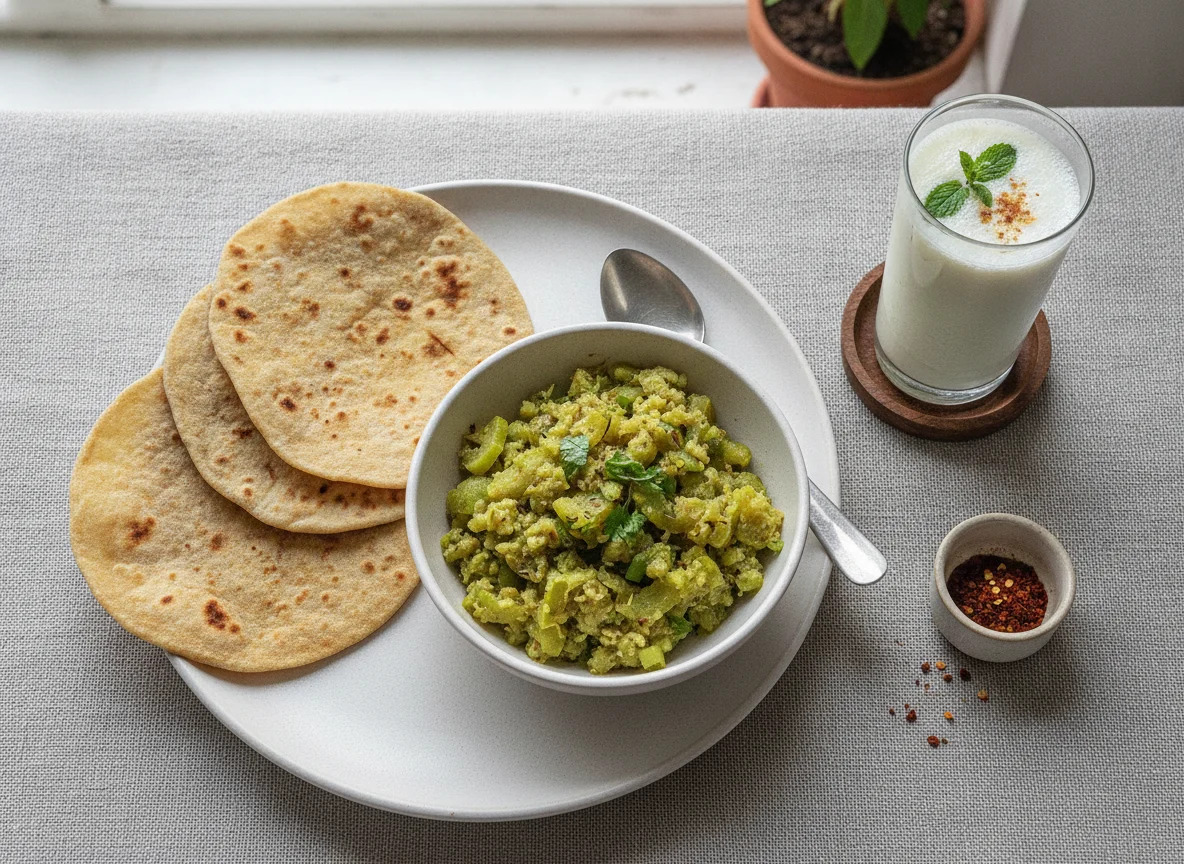 Indian Meal with Roti, Sabzi, and Buttermilk photo