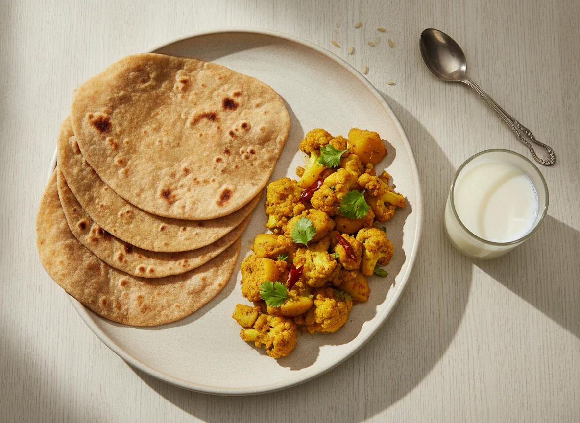 Indian Meal with Roti, Sabzi, and Milk photo