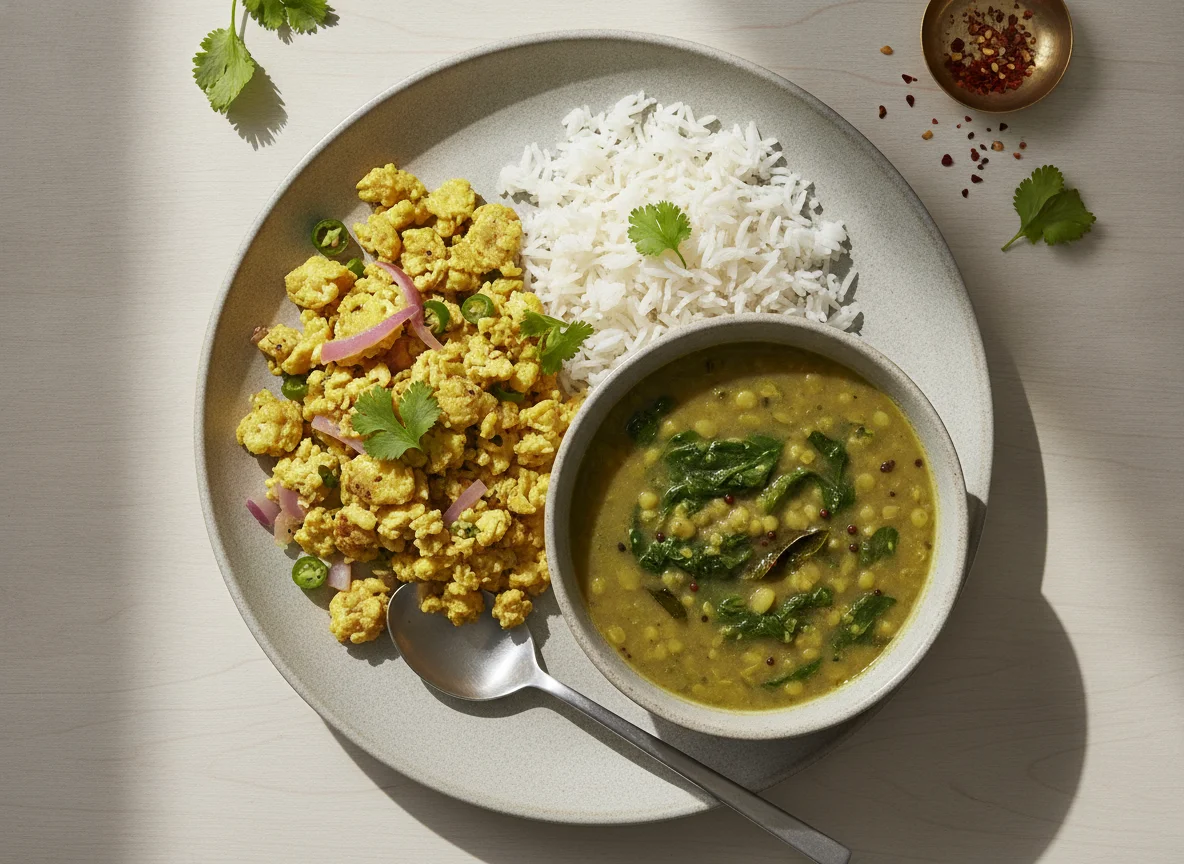 Indian Meal with Scrambled Eggs, Dal, and Rice photo