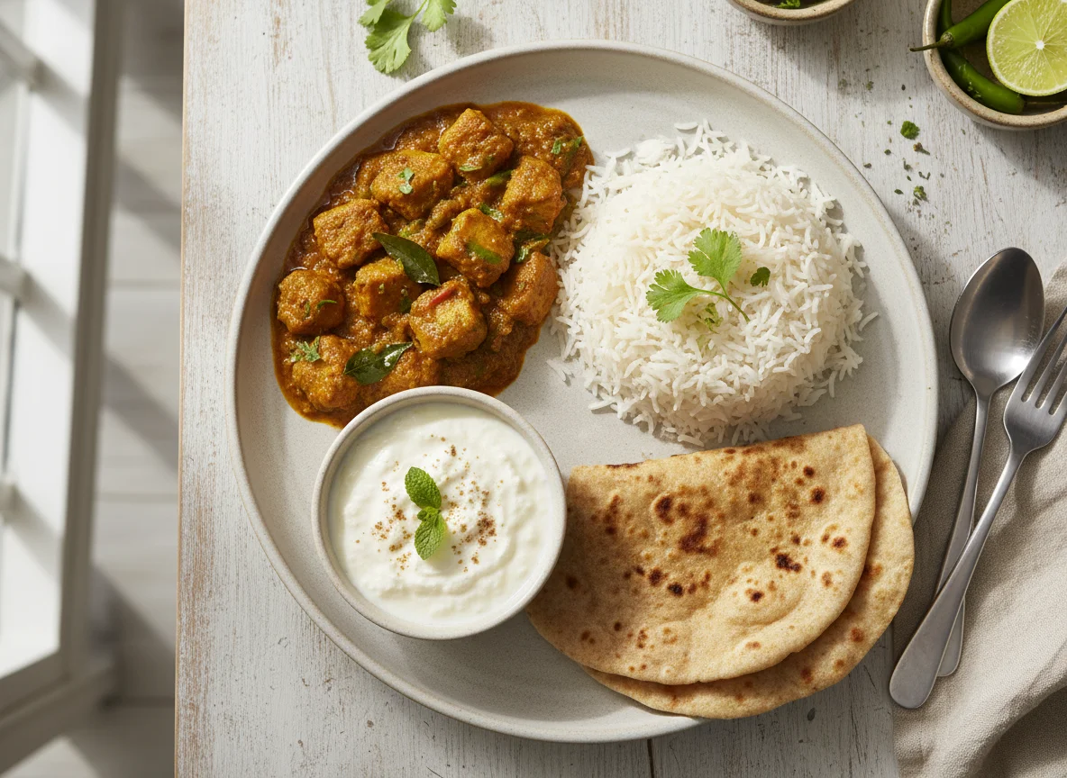 Indian meal with Soya Curry, Rice, Roti, and Curd photo