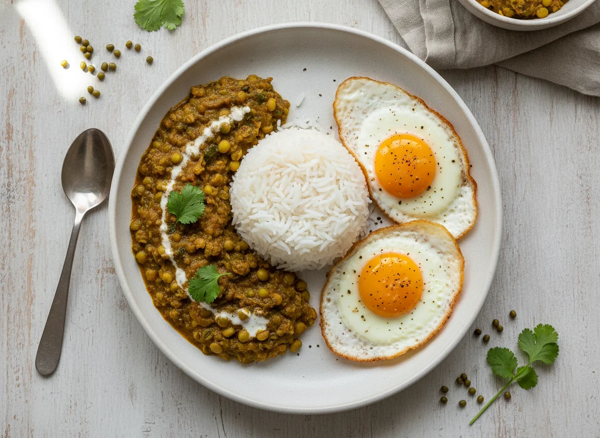 Indian Meal with Sprouted Moong Dal, Rice, and Fried Eggs photo