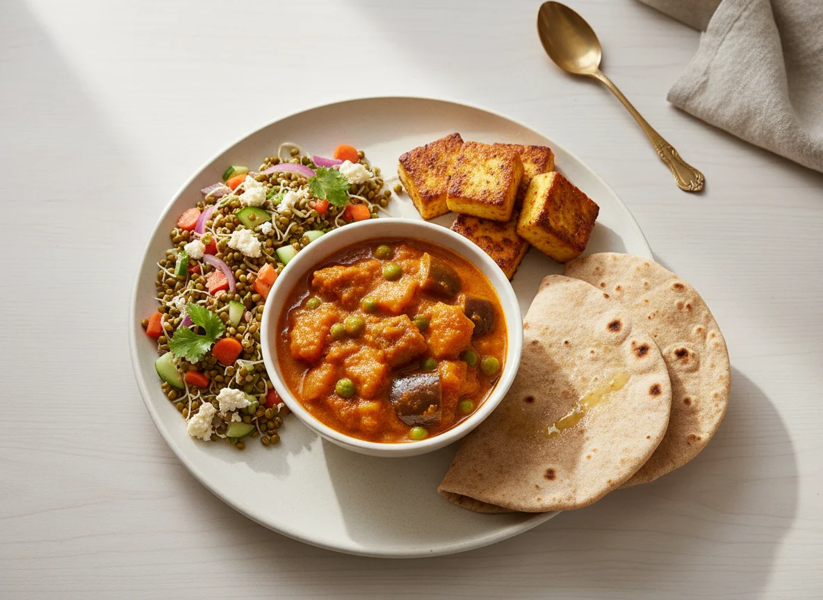 Indian Meal with Sprouted Salad, Vegetable Curry, Paneer, and Roti photo