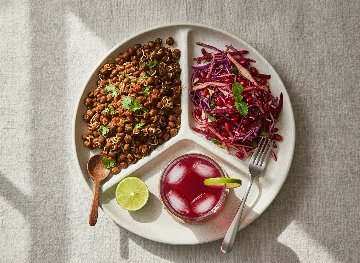 Indian Meal with Sprouts, Salad, and Drink photo