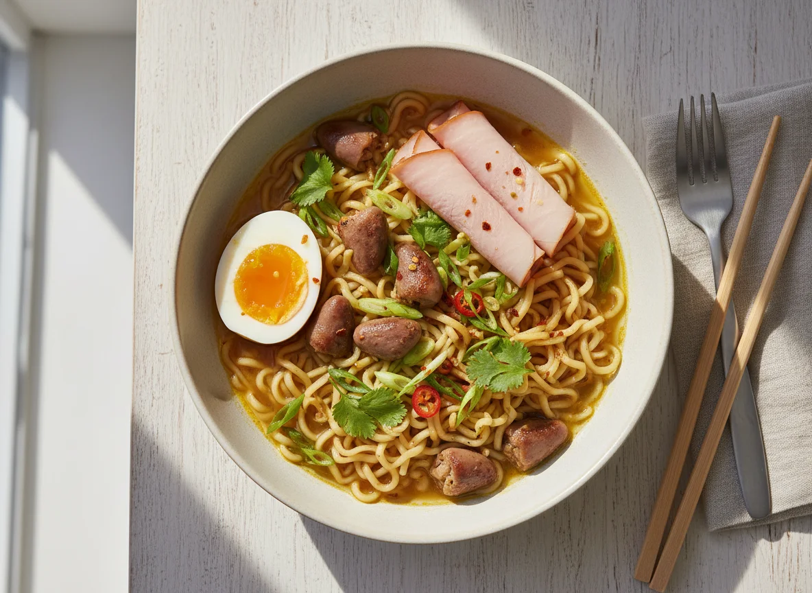 Indian Noodles with Chicken Hearts, Egg, and Turkey Ham photo