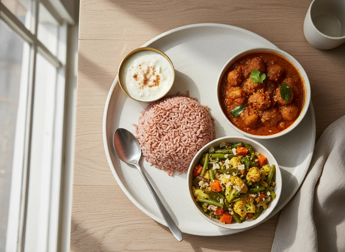 Indian Rice Meal with Curd and Curries photo