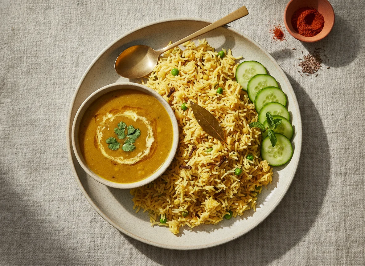 Indian Rice Meal with Dal and Cucumber photo