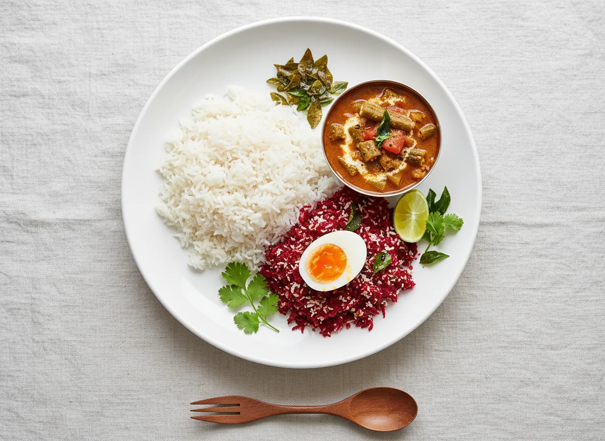 Indian Rice Meal with Sambar, Egg, and Beetroot photo