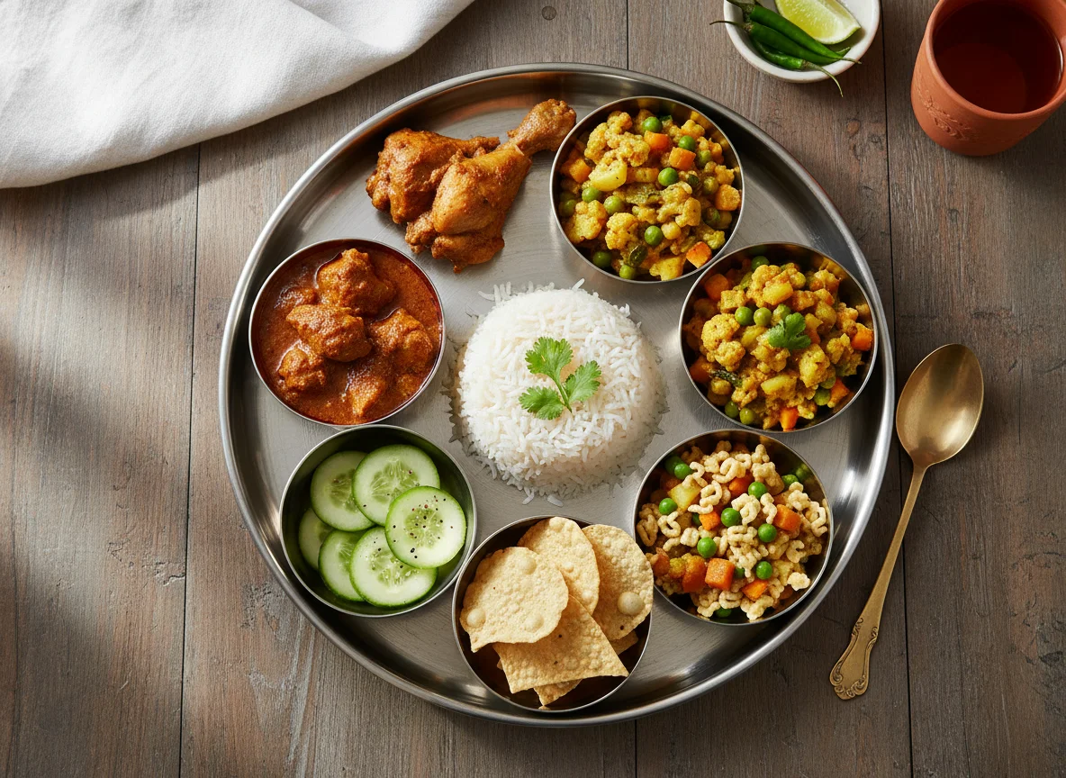 Indian Rice Plate with Curry and Sides photo