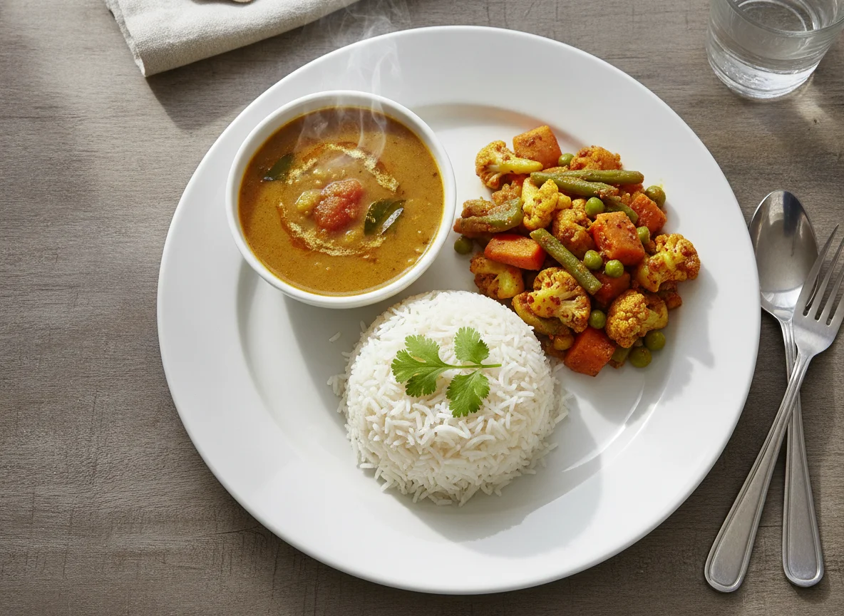 Indian Rice Plate with Dal and Vegetable Sabzi photo