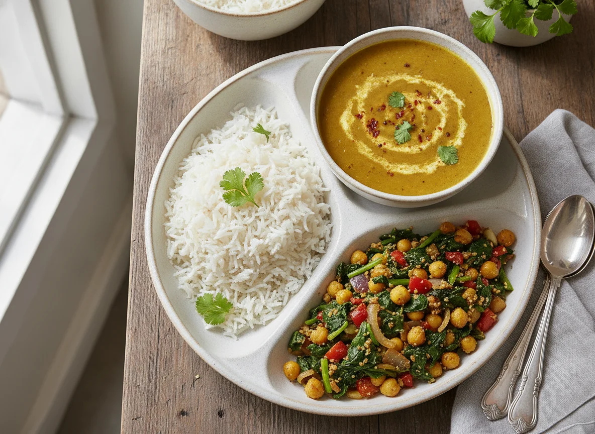 Indian Rice Plate with Dal and Vegetable Stir-fry photo