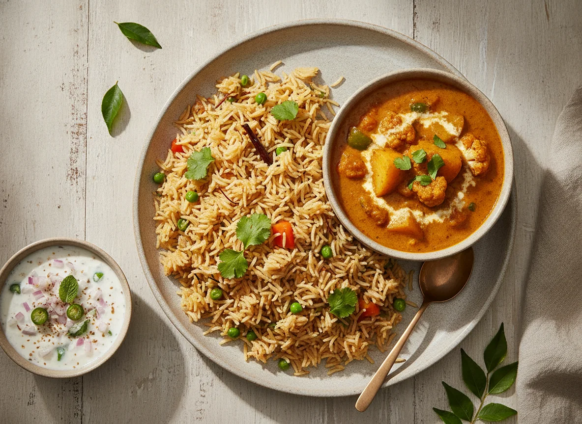 Indian Rice Platter with Curry and Raita photo