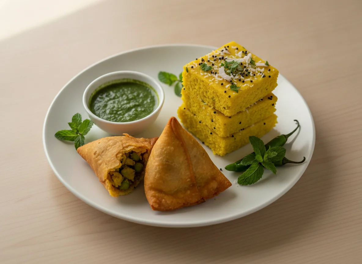 Indian Snack Platter (Dhokla, Samosa, Chutney) photo