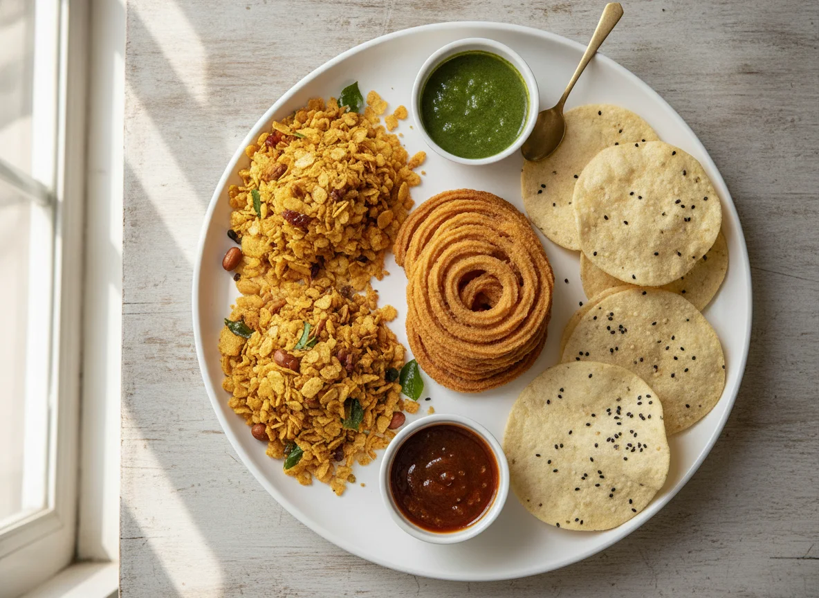 Indian Snack Platter (Poha Chivda, Murukku, Papdi) photo
