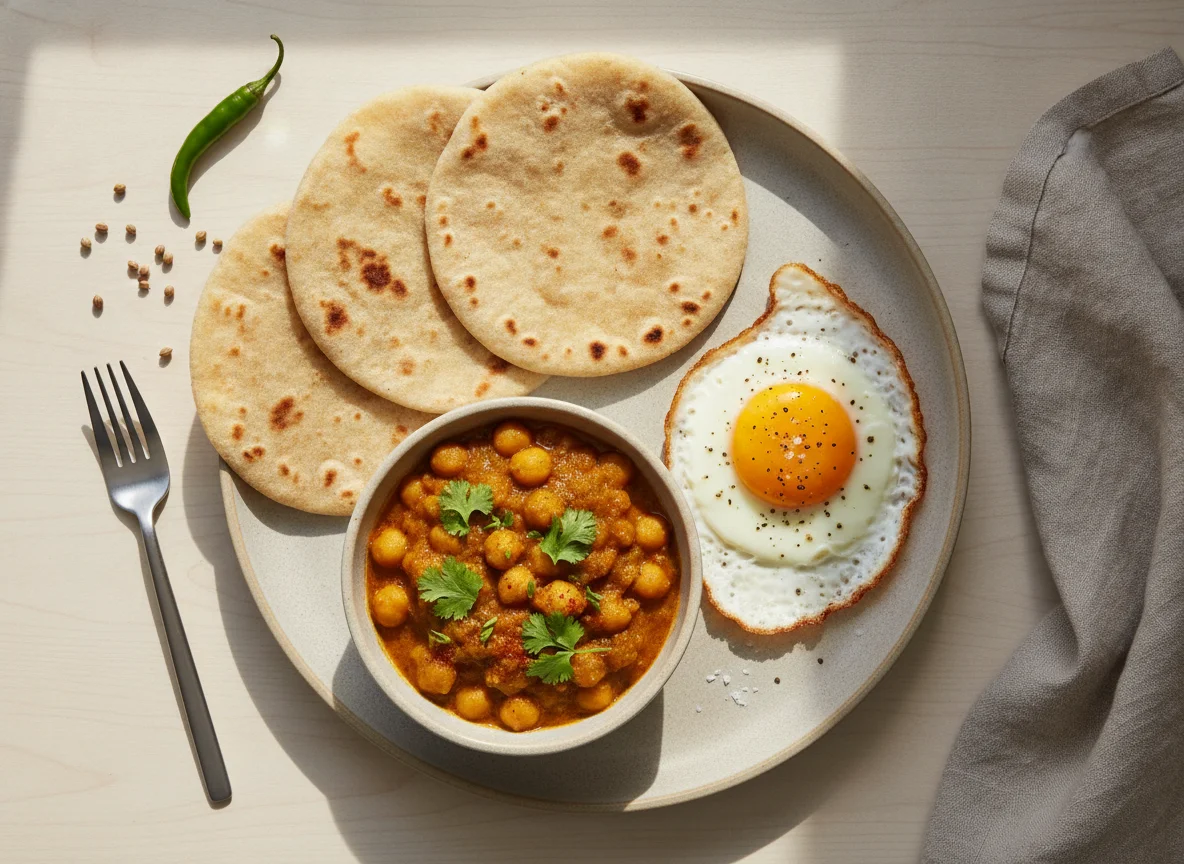 Indian style breakfast with chapati, chickpea curry and fried egg photo