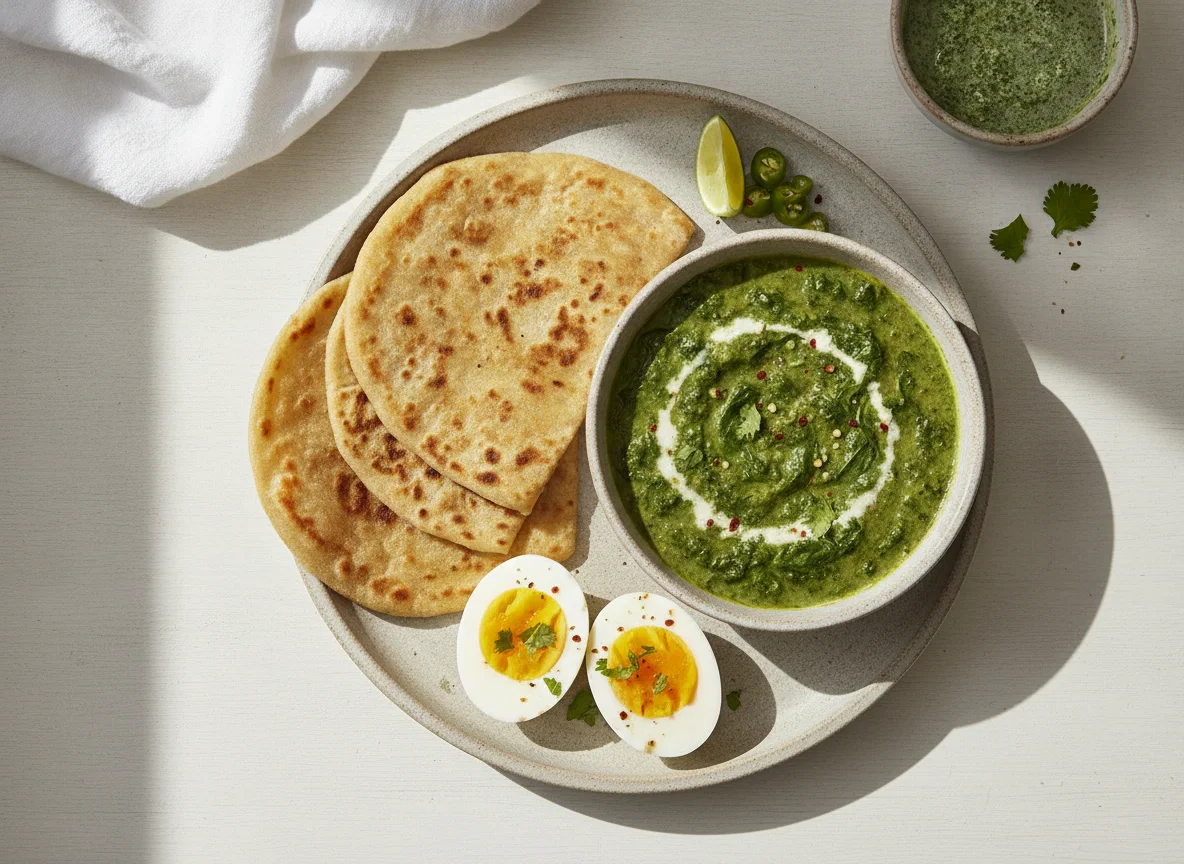 Indian style breakfast with flatbread, eggs, and greens photo
